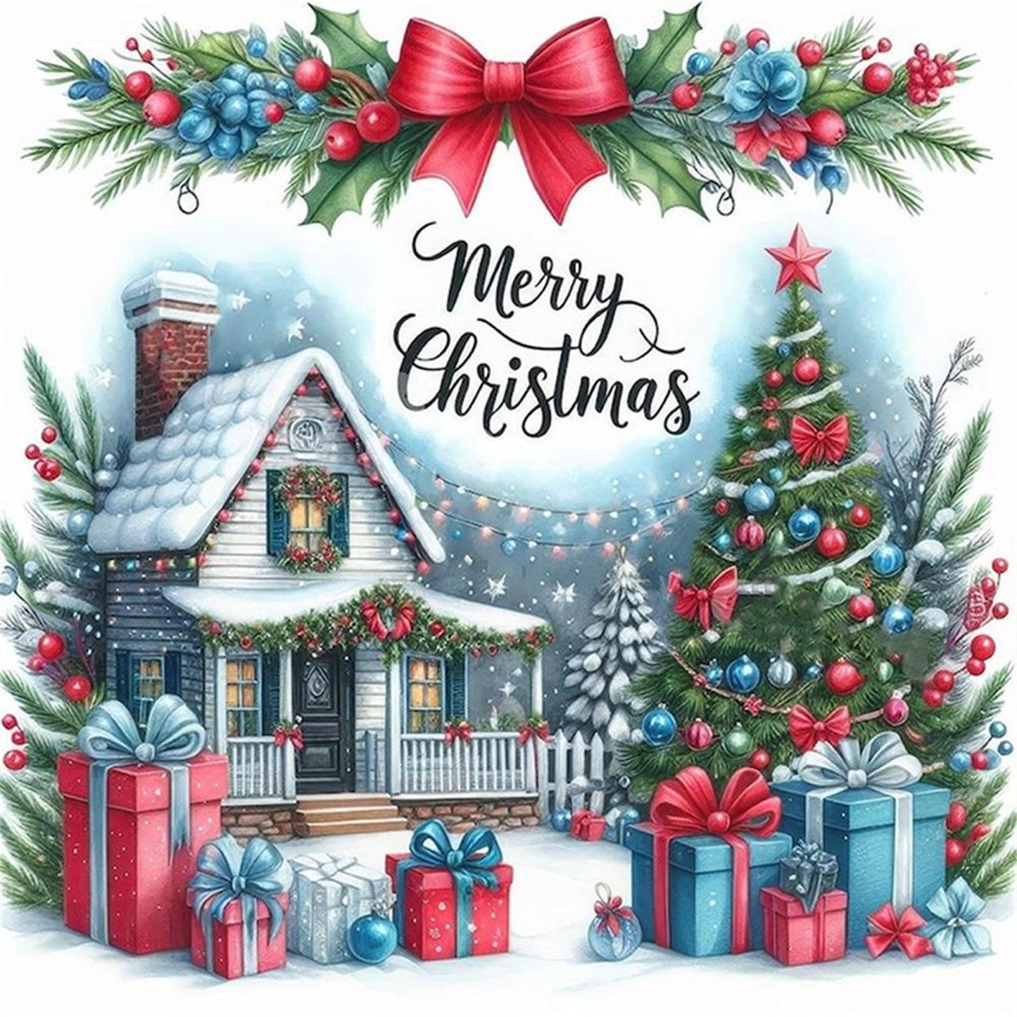 Christmas Cabin - Full 14CT Counted Cross Stitch 40x40CM - Huacan