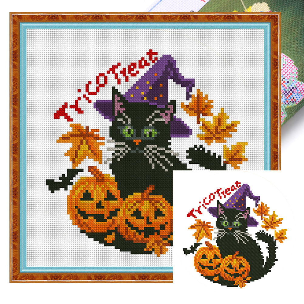Halloween Pumpkin Black Cat - 24*24CM 11CT Stamped Cross Stitch (Mona Lisa Brand)