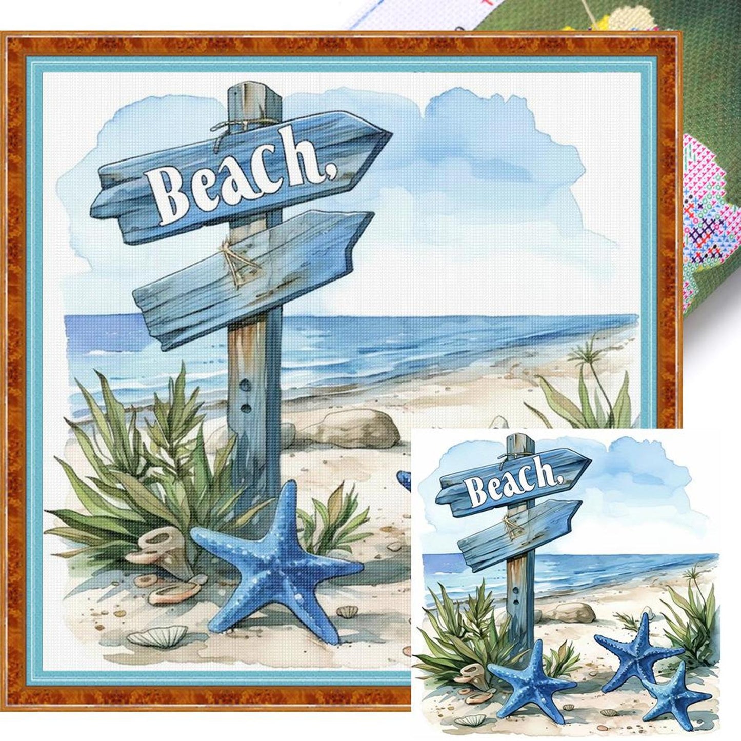 Beach Signboard - Full 11CT Stamped Cross Stitch 40x40CM - Huacan