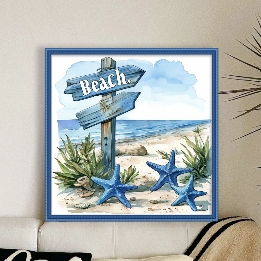 Beach Signboard - Full 11CT Stamped Cross Stitch 40x40CM - Huacan