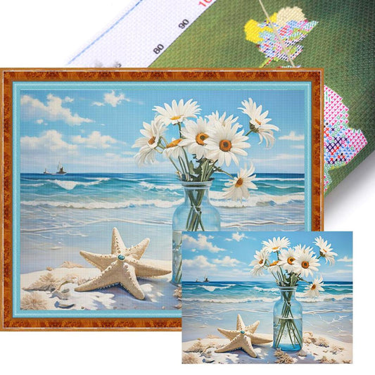 Beach Daisy Vase - Full 11CT Stamped Cross Stitch 50x40CM - Huacan