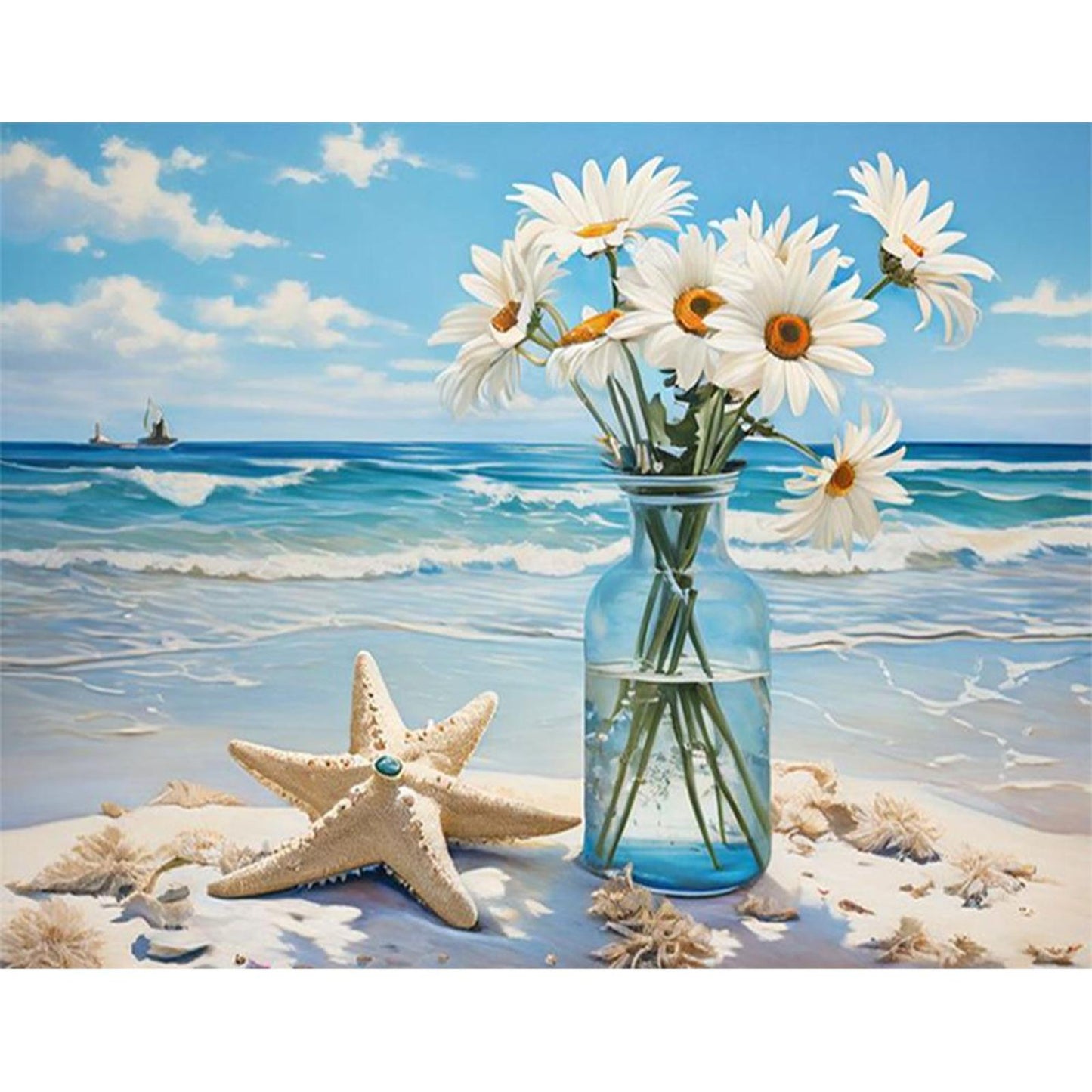 Beach Daisy Vase - Full 11CT Stamped Cross Stitch 50x40CM - Huacan