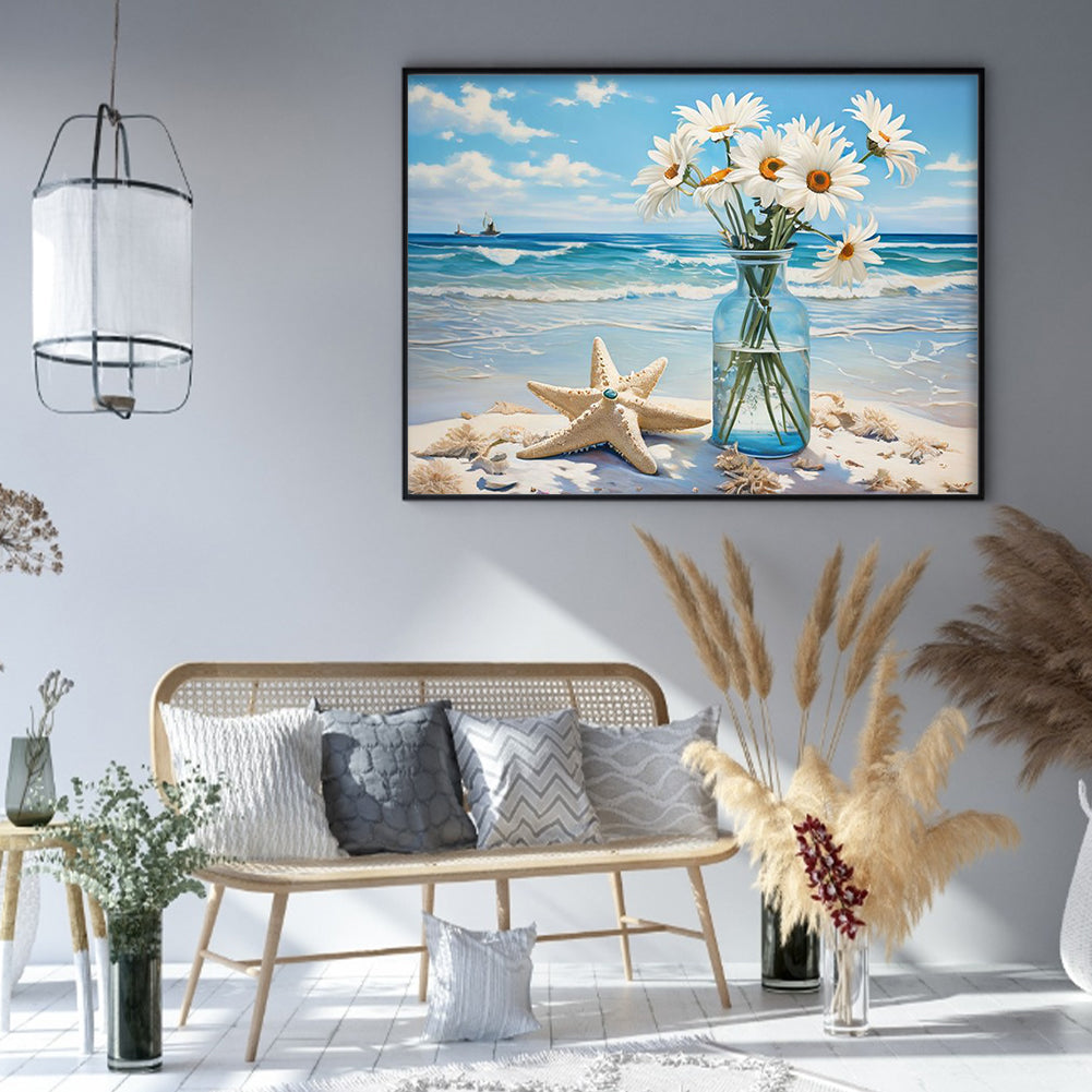 Beach Daisy Vase - Full 11CT Stamped Cross Stitch 50x40CM - Huacan