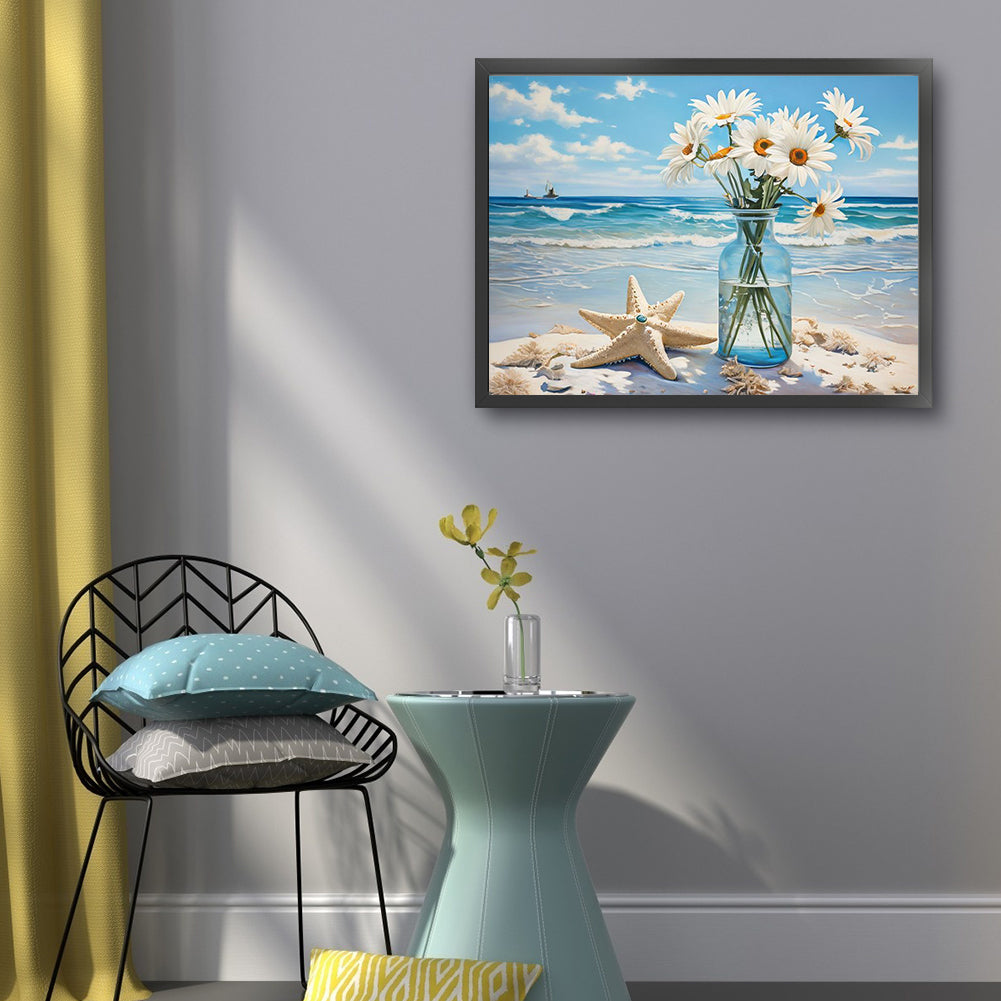 Beach Daisy Vase - Full 11CT Stamped Cross Stitch 50x40CM - Huacan