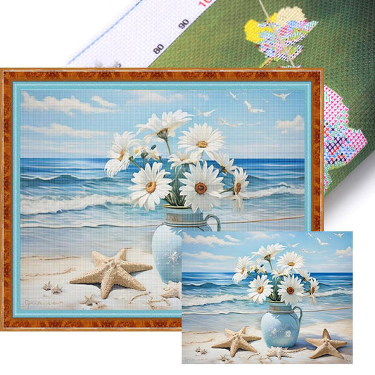 Beach Daisy Vase - Full 11CT Stamped Cross Stitch 50x40CM - Huacan
