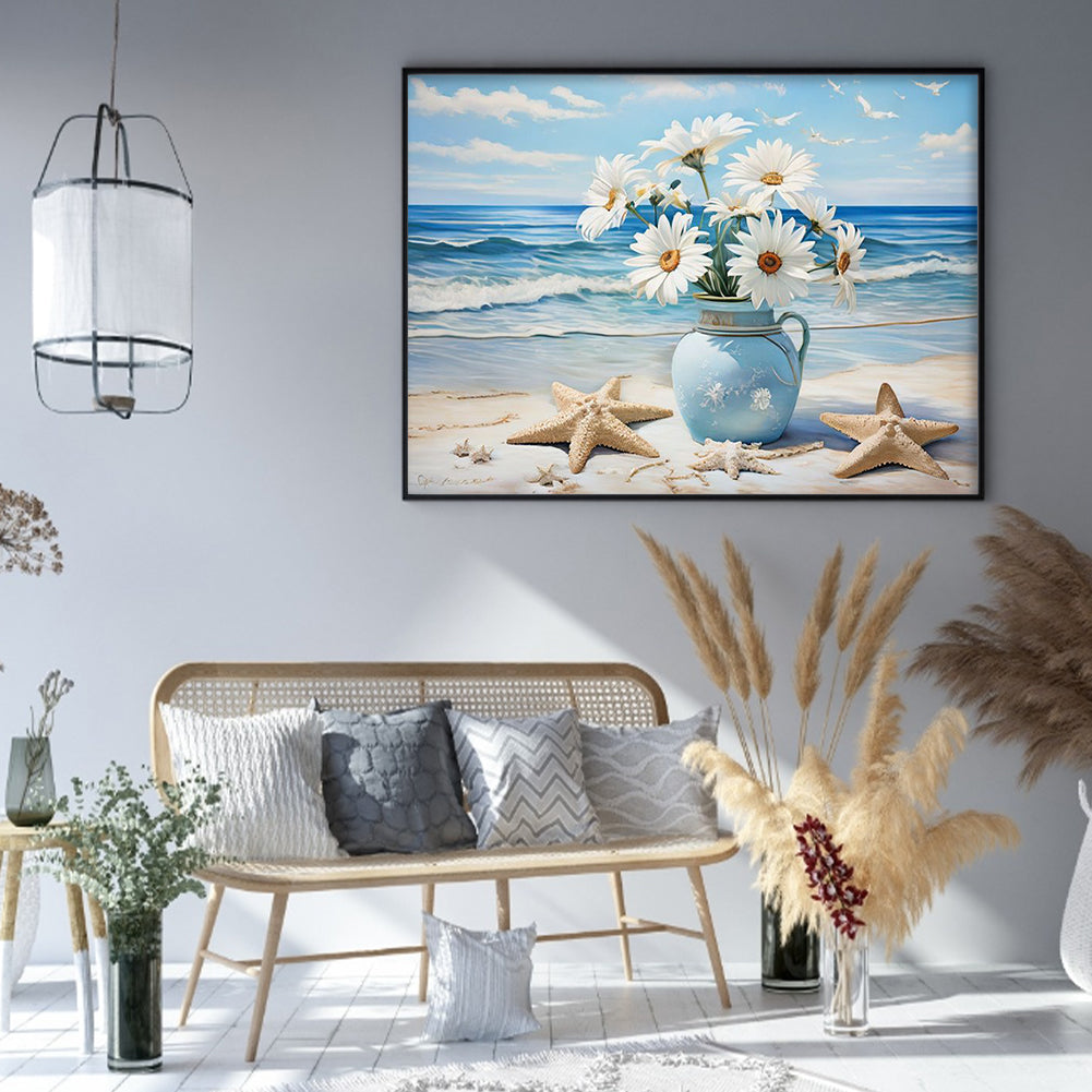 Beach Daisy Vase - Full 11CT Stamped Cross Stitch 50x40CM - Huacan