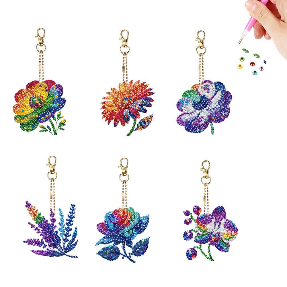 6PCS 2D Flat DIY Diamond Painting Keychain Double Sided Drill Diamond Art Kits