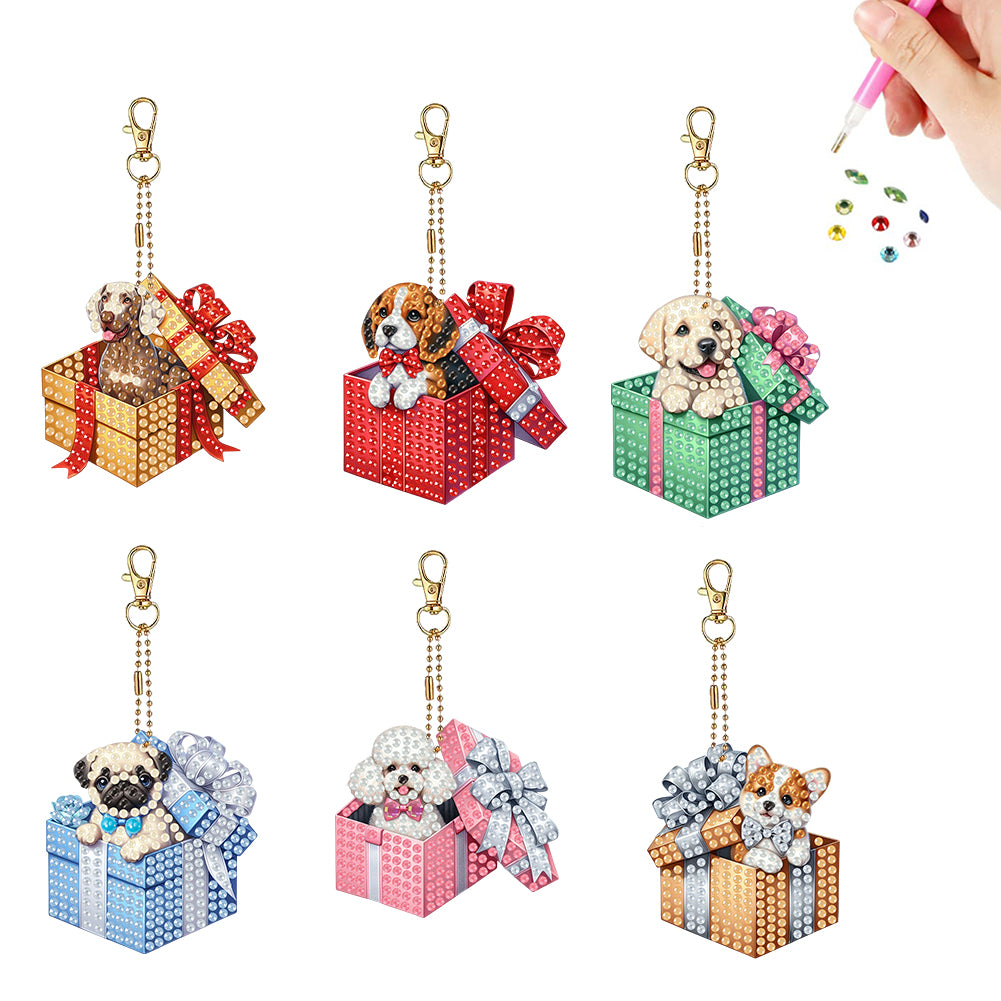 6PCS 2D Flat DIY Diamond Painting Keychain Double Sided Drill Diamond Art Kits