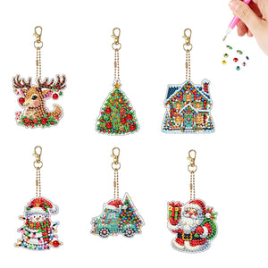 6PCS 2D Flat DIY Diamond Painting Keychain Double Sided Drill Diamond Art Kits