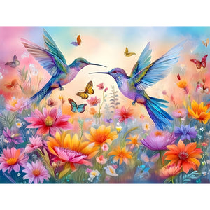 Flowers And Hummingbirds 40*30CM(Canvas) Full Round Drill Diamond Painting