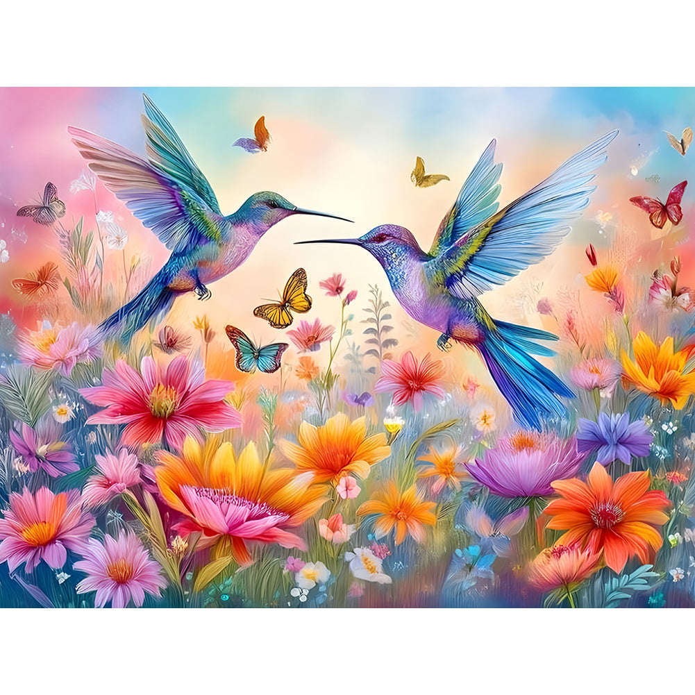 Flowers And Hummingbirds 40*30CM(Canvas) Full Round Drill Diamond Painting