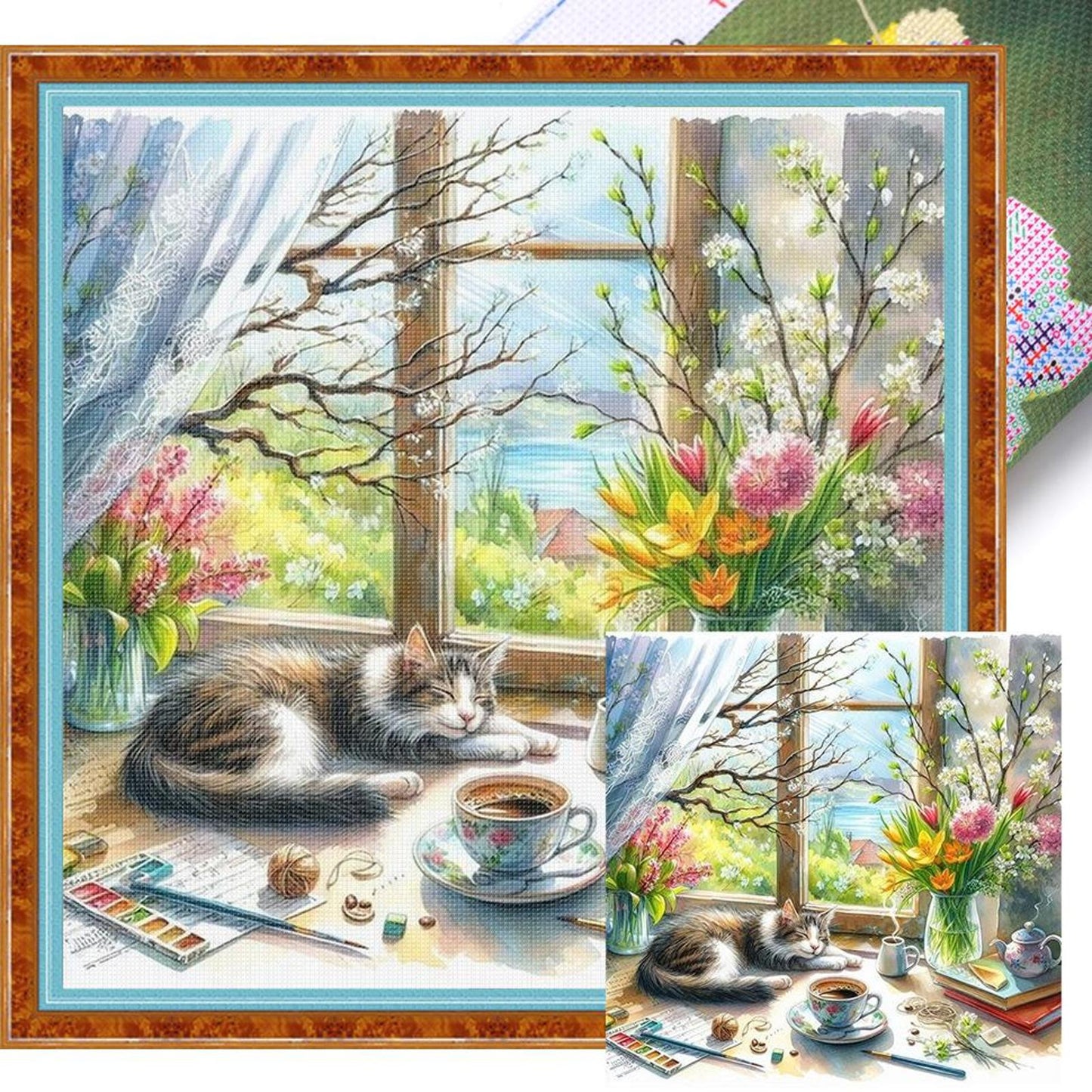 Cat By Window - Full 11CT Stamped Cross Stitch 45x45CM - Yishu