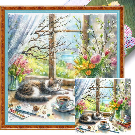 Cat By Window - Full 11CT Stamped Cross Stitch 45x45CM - Yishu