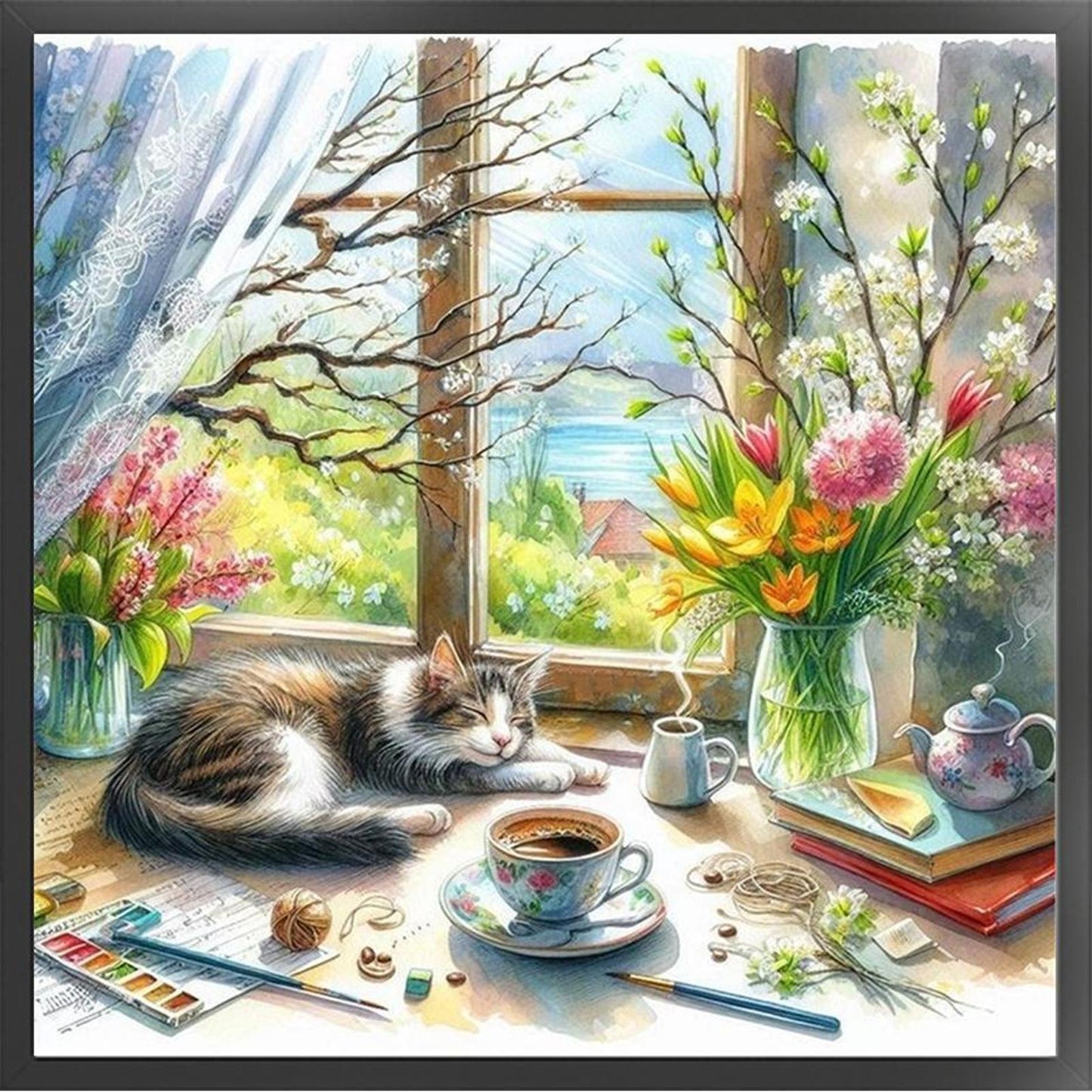 Cat By Window - Full 11CT Stamped Cross Stitch 45x45CM - Yishu