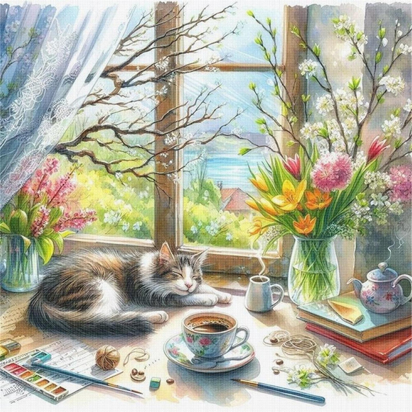 Cat By Window - Full 11CT Stamped Cross Stitch 45x45CM - Yishu