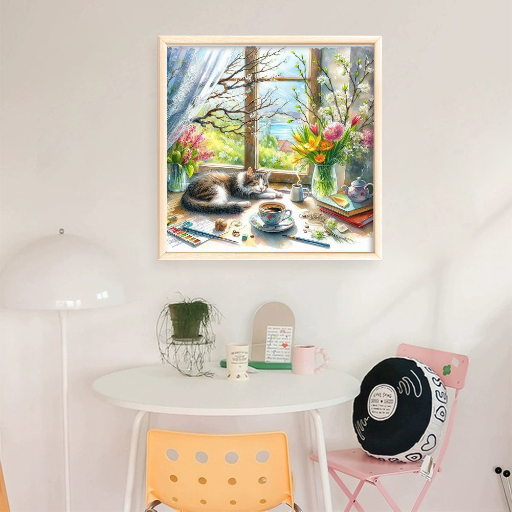 Cat By Window - Full 11CT Stamped Cross Stitch 45x45CM - Yishu