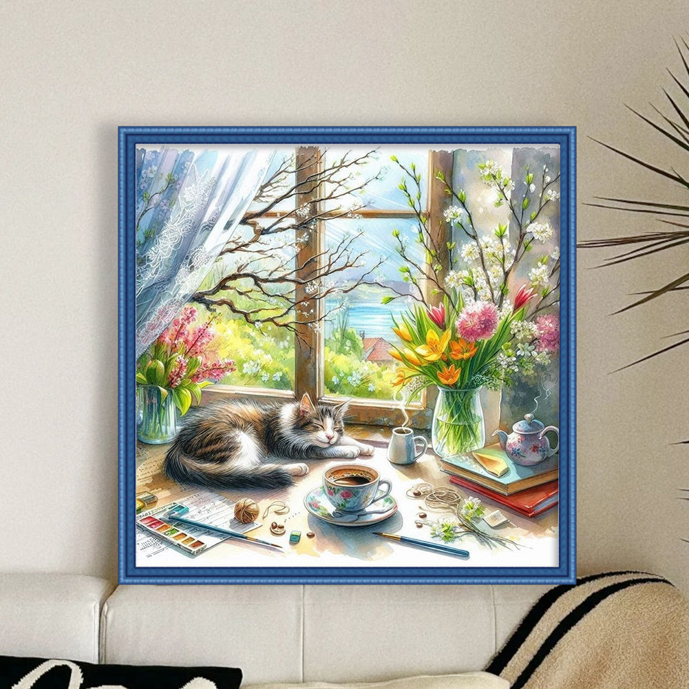 Cat By Window - Full 11CT Stamped Cross Stitch 45x45CM - Yishu