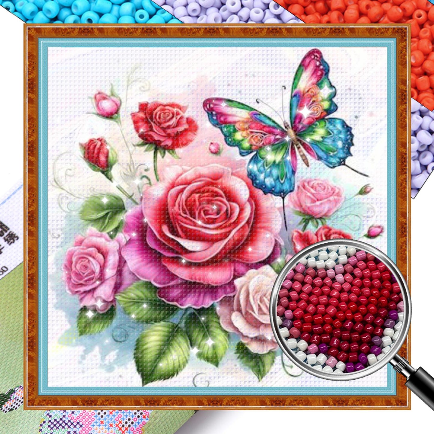 Rose & Butterfly - Partial 11CT Stamped Cross Stitch - Bead Embroidery 36x36CM/14.17x14.17in