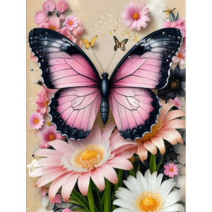 Pink Butterfly With Flowers 30*40CM(Canvas) Full Round Drill Diamond Painting