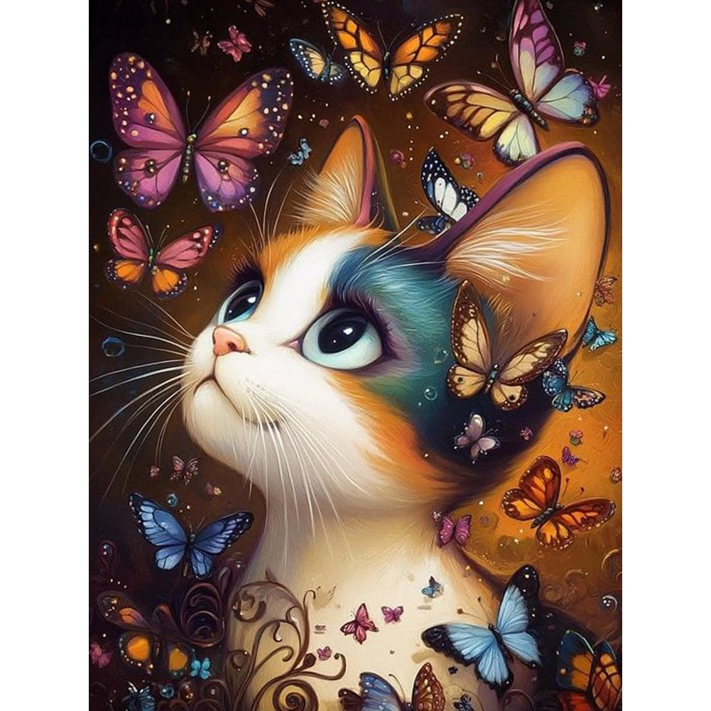 Cat Butterfly 30*40CM(Canvas) Full Round Drill Diamond Painting