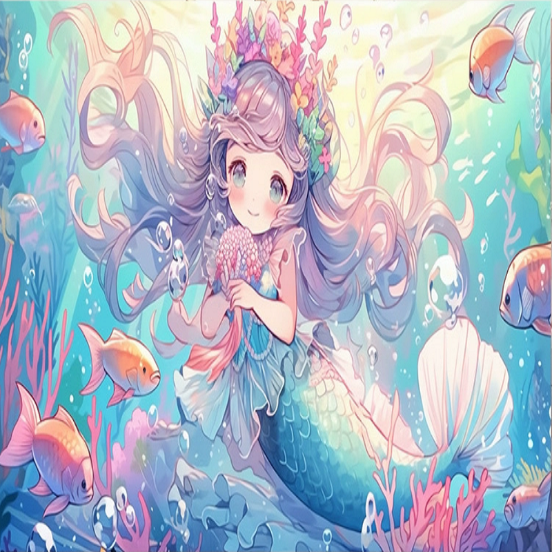 Mermaid And Cute Girl - Full 9CT Stamped Cross Stitch 90x50CM - Mona Lisa