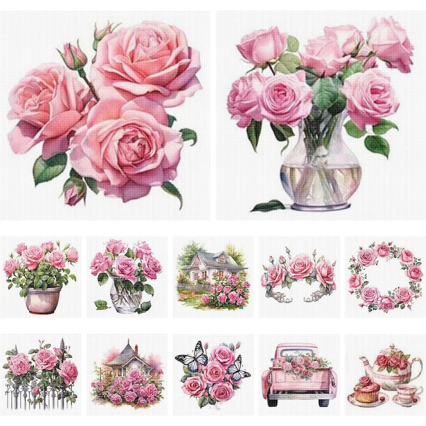 Pink Rose Still Life - Partial 11CT Stamped Cross Stitch 5x12.5CM - Huacan