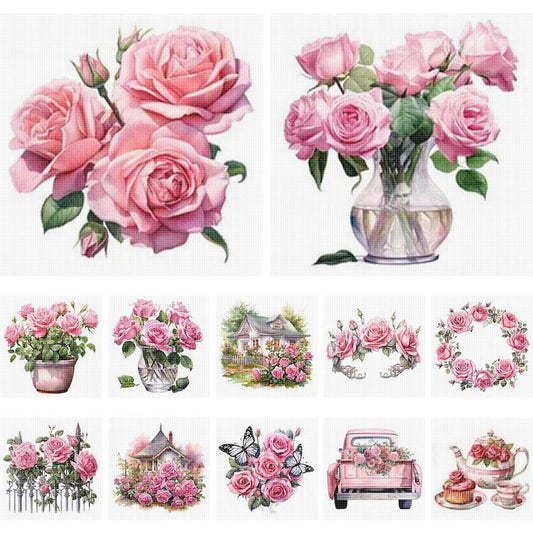 Pink Rose Still Life - Partial 11CT Stamped Cross Stitch 5x12.5CM - Huacan