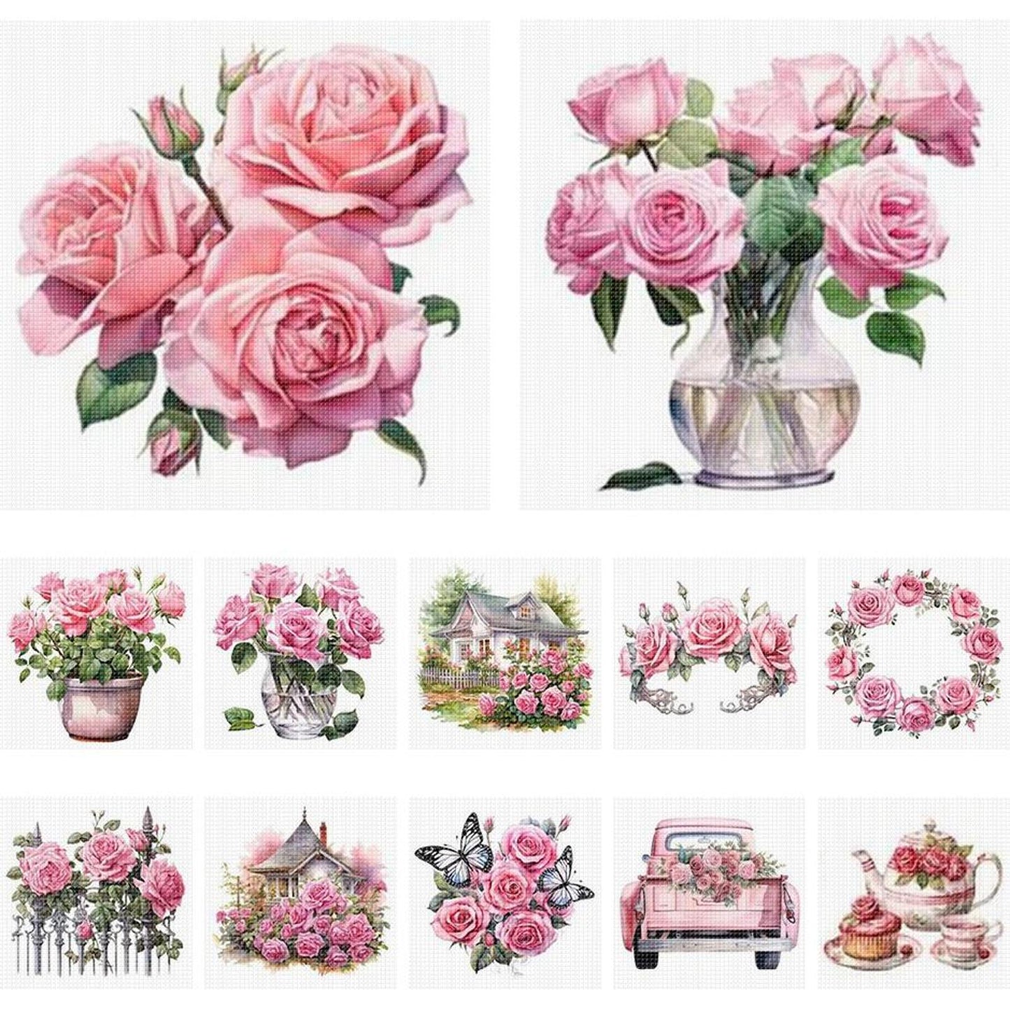 Pink Rose Still Life - Partial 11CT Stamped Cross Stitch 5x12.5CM - Huacan