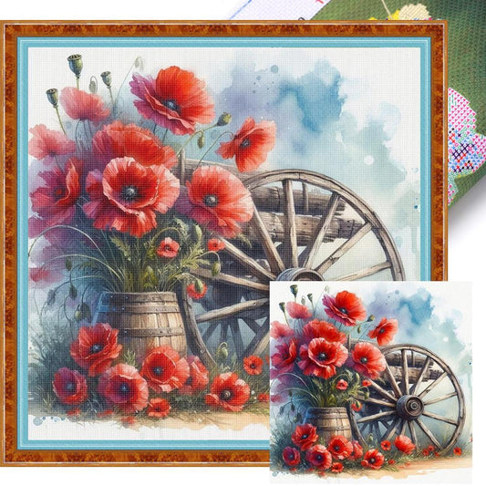Poppy On Wheel - Full 18CT Stamped Cross Stitch 25x25CM - Huacan