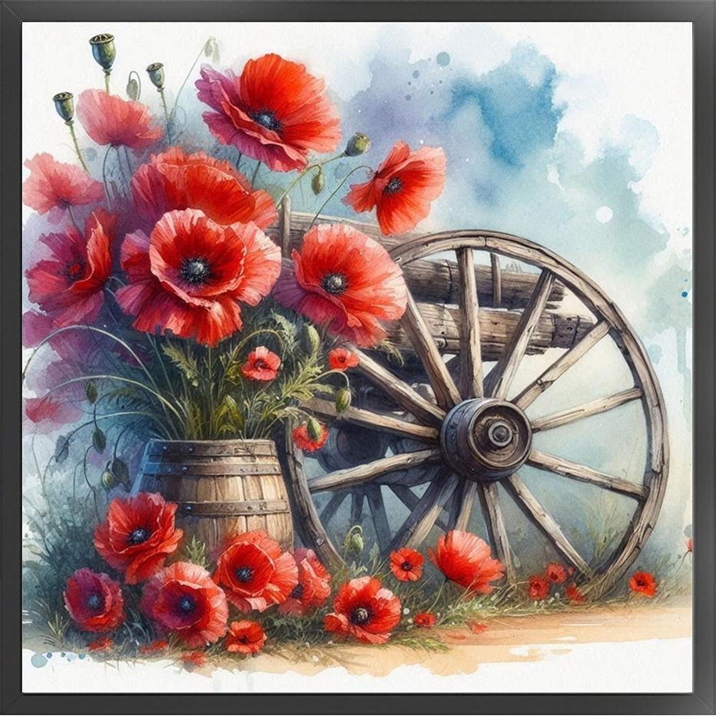 Poppy On Wheel - Full 18CT Stamped Cross Stitch 25x25CM - Huacan