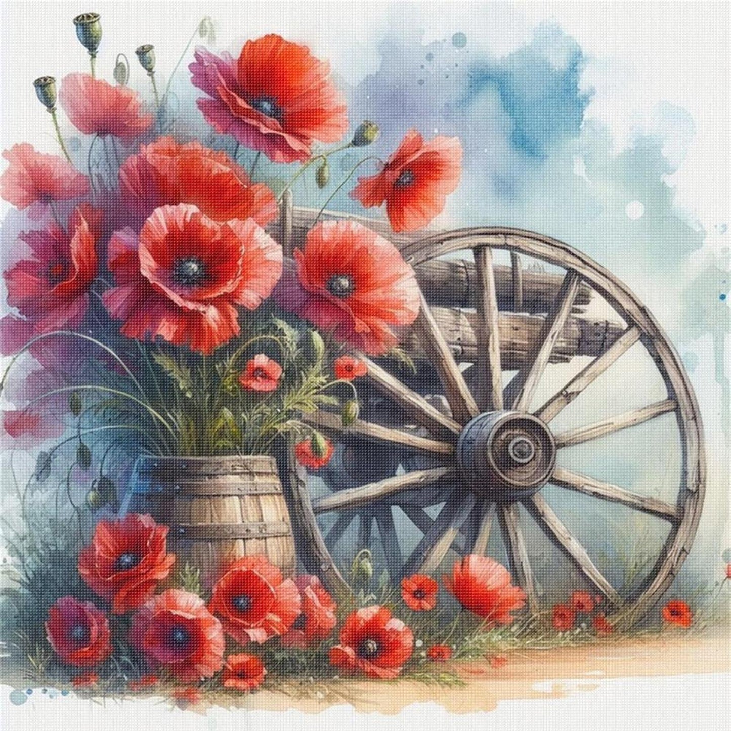 Poppy On Wheel - Full 18CT Stamped Cross Stitch 25x25CM - Huacan