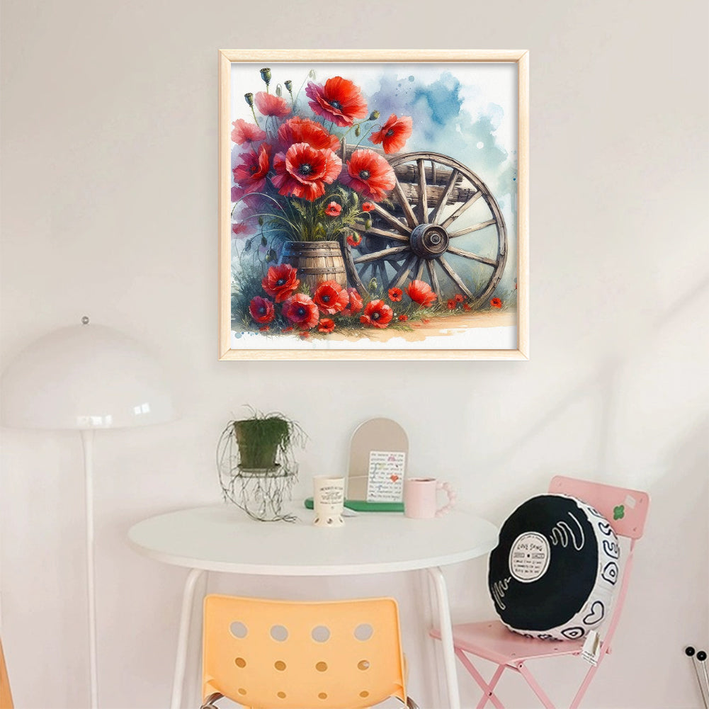 Poppy On Wheel - Full 18CT Stamped Cross Stitch 25x25CM - Huacan