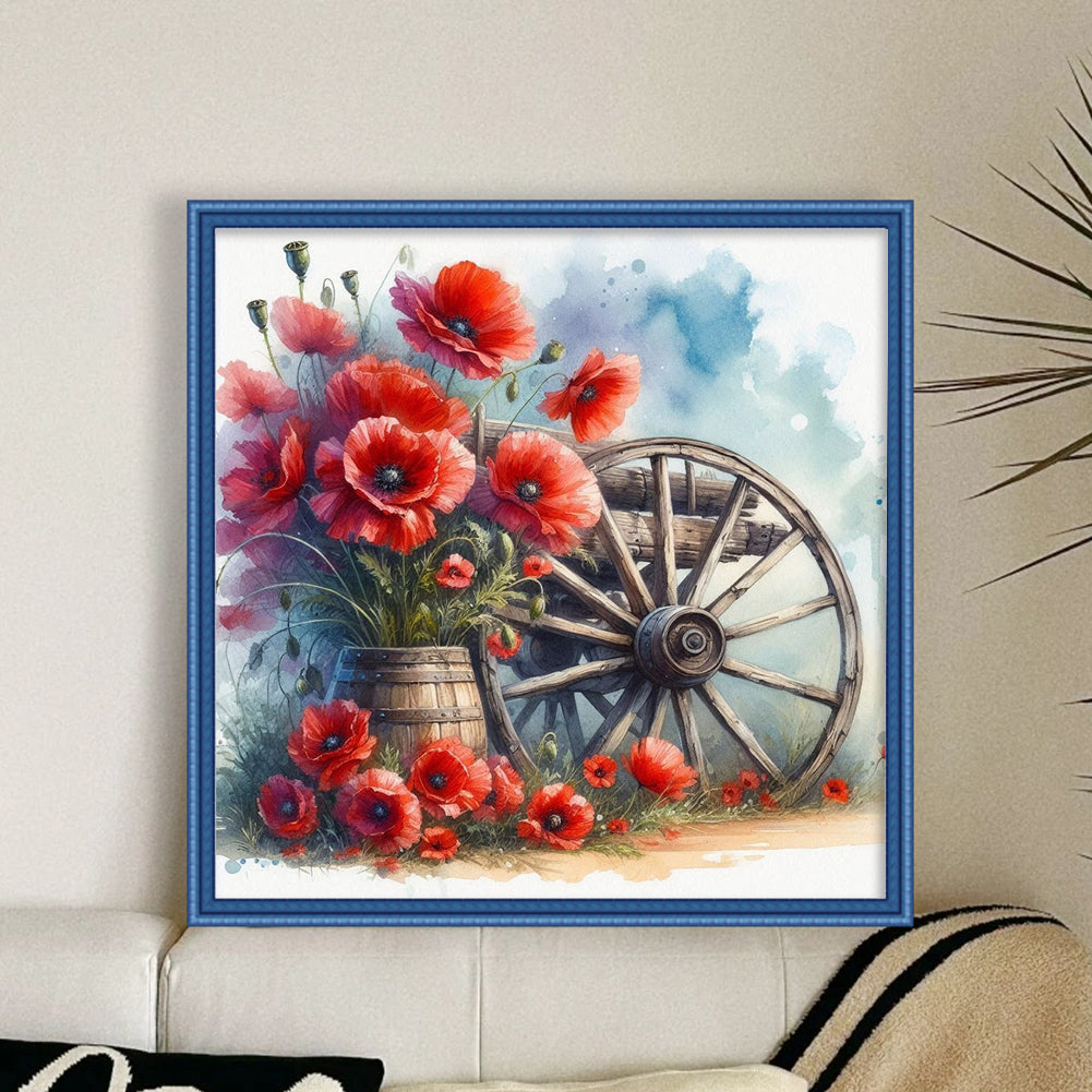Poppy On Wheel - Full 18CT Stamped Cross Stitch 25x25CM - Huacan