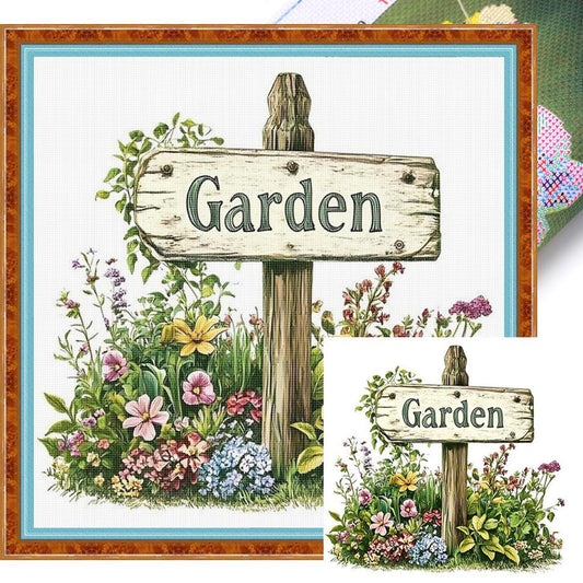 Garden Signboard - Full 18CT Stamped Cross Stitch 25x25CM - Huacan
