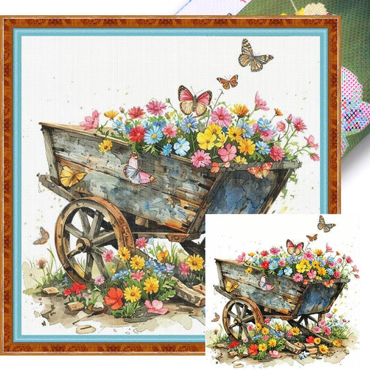 Flower Cart - Full 18CT Stamped Cross Stitch 25x25CM - Huacan
