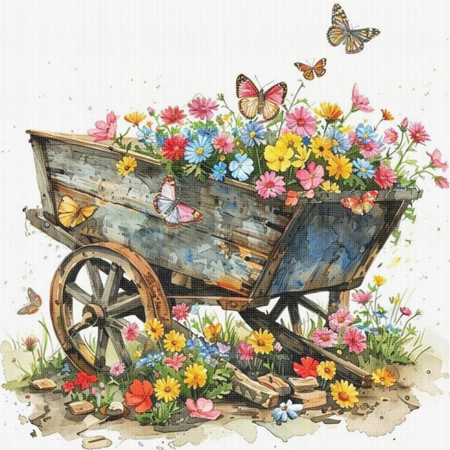 Flower Cart - Full 18CT Stamped Cross Stitch 25x25CM - Huacan