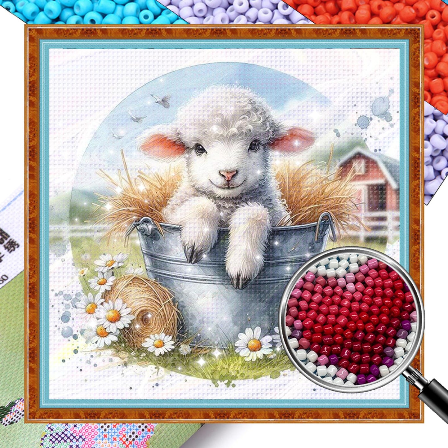 Lamb - Partial 11CT Stamped Cross Stitch - Bead Embroidery 36x36CM/14.17x14.17in