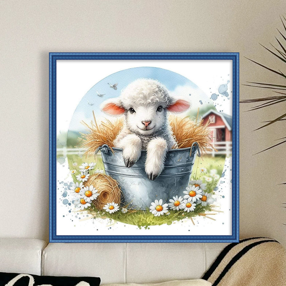 Lamb - Partial 11CT Stamped Cross Stitch - Bead Embroidery 36x36CM/14.17x14.17in