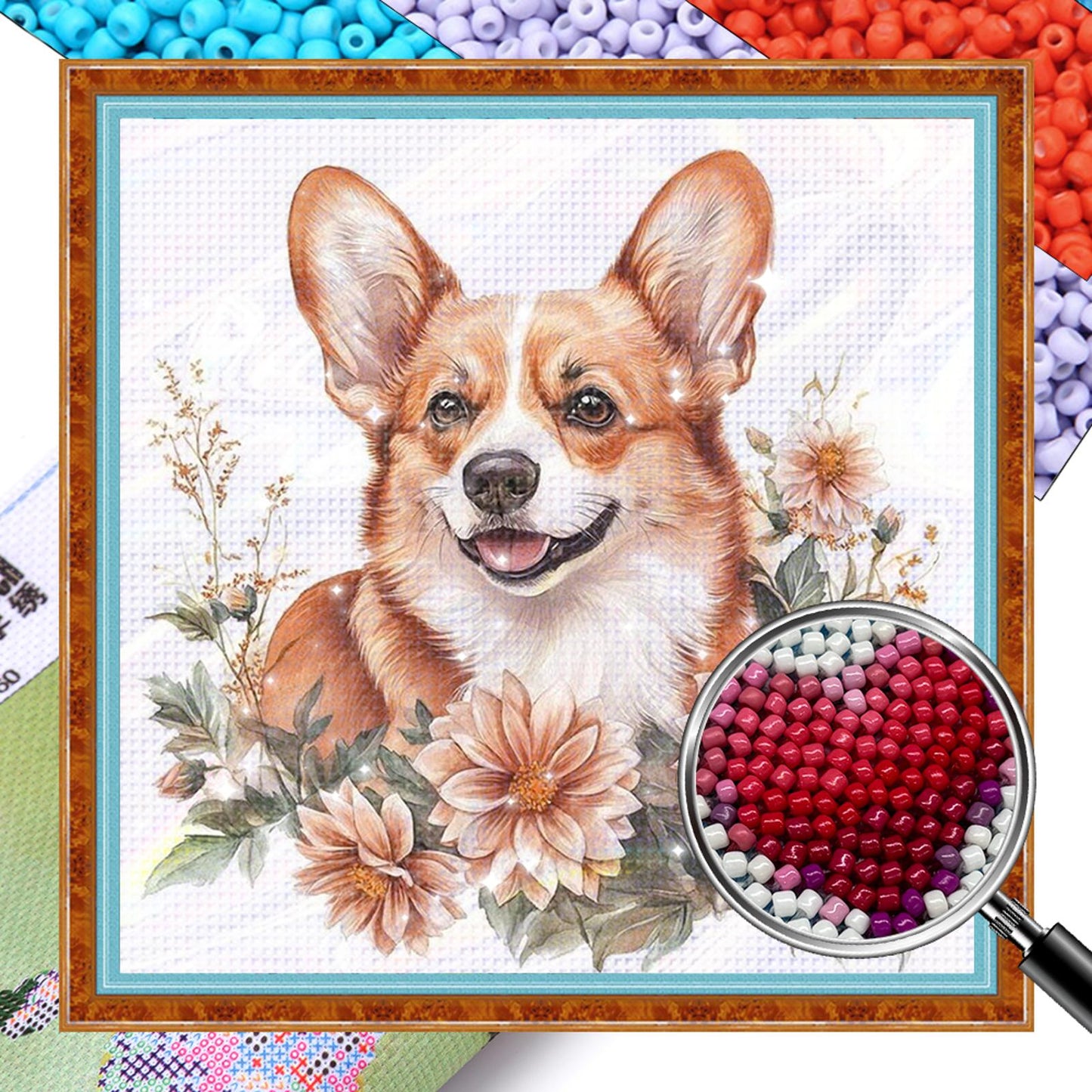 Corgi - Partial 11CT Stamped Cross Stitch - Bead Embroidery 36x36CM/14.17x14.17in