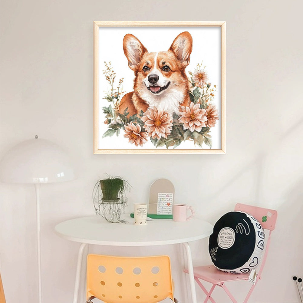 Corgi - Partial 11CT Stamped Cross Stitch - Bead Embroidery 36x36CM/14.17x14.17in