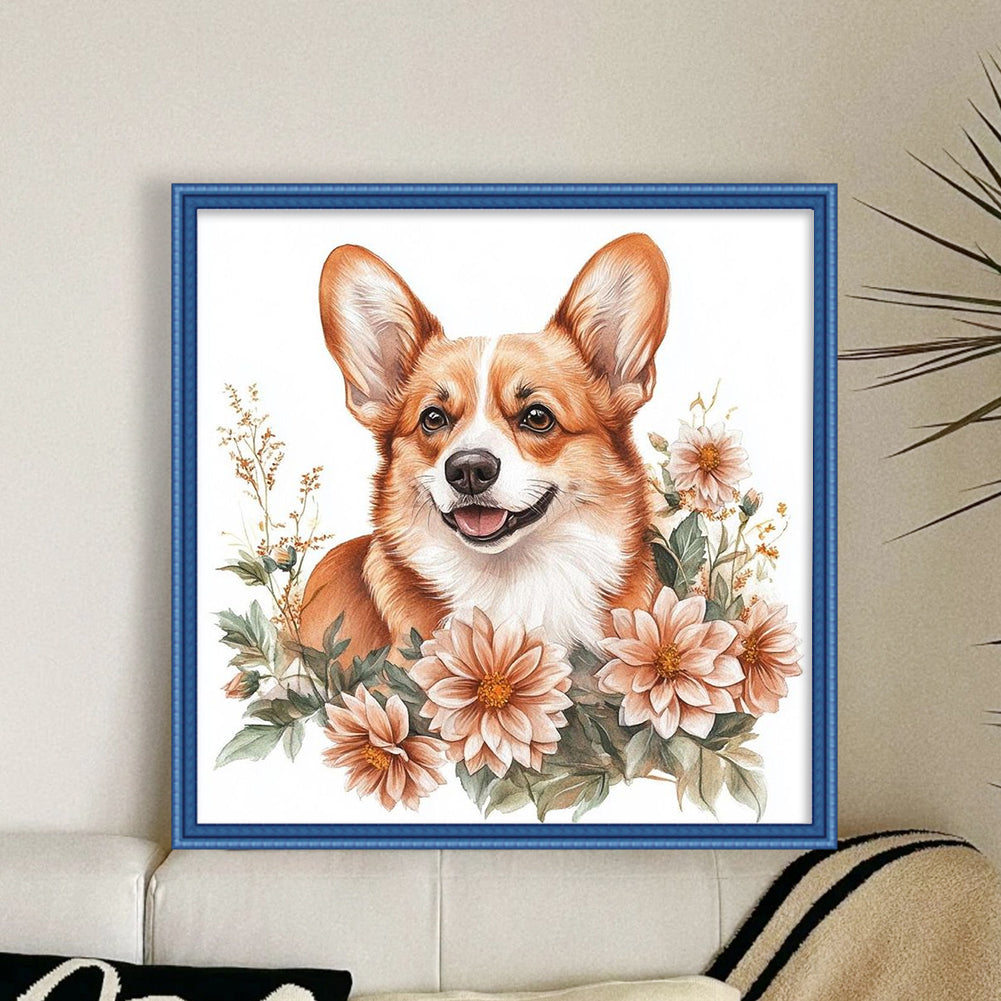 Corgi - Partial 11CT Stamped Cross Stitch - Bead Embroidery 36x36CM/14.17x14.17in