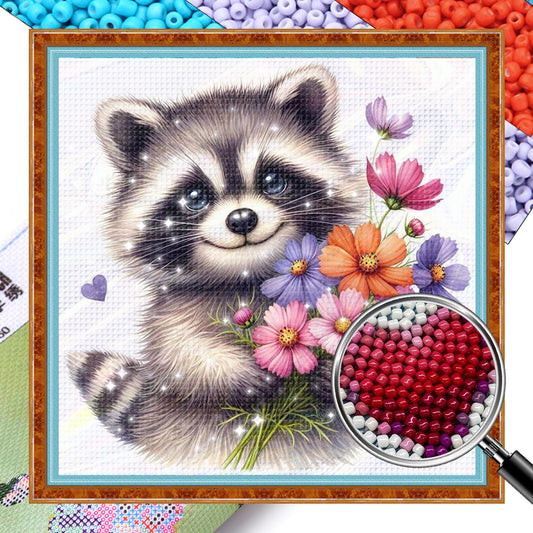 Raccoon - Partial 11CT Stamped Cross Stitch - Bead Embroidery 36x36CM/14.17x14.17in