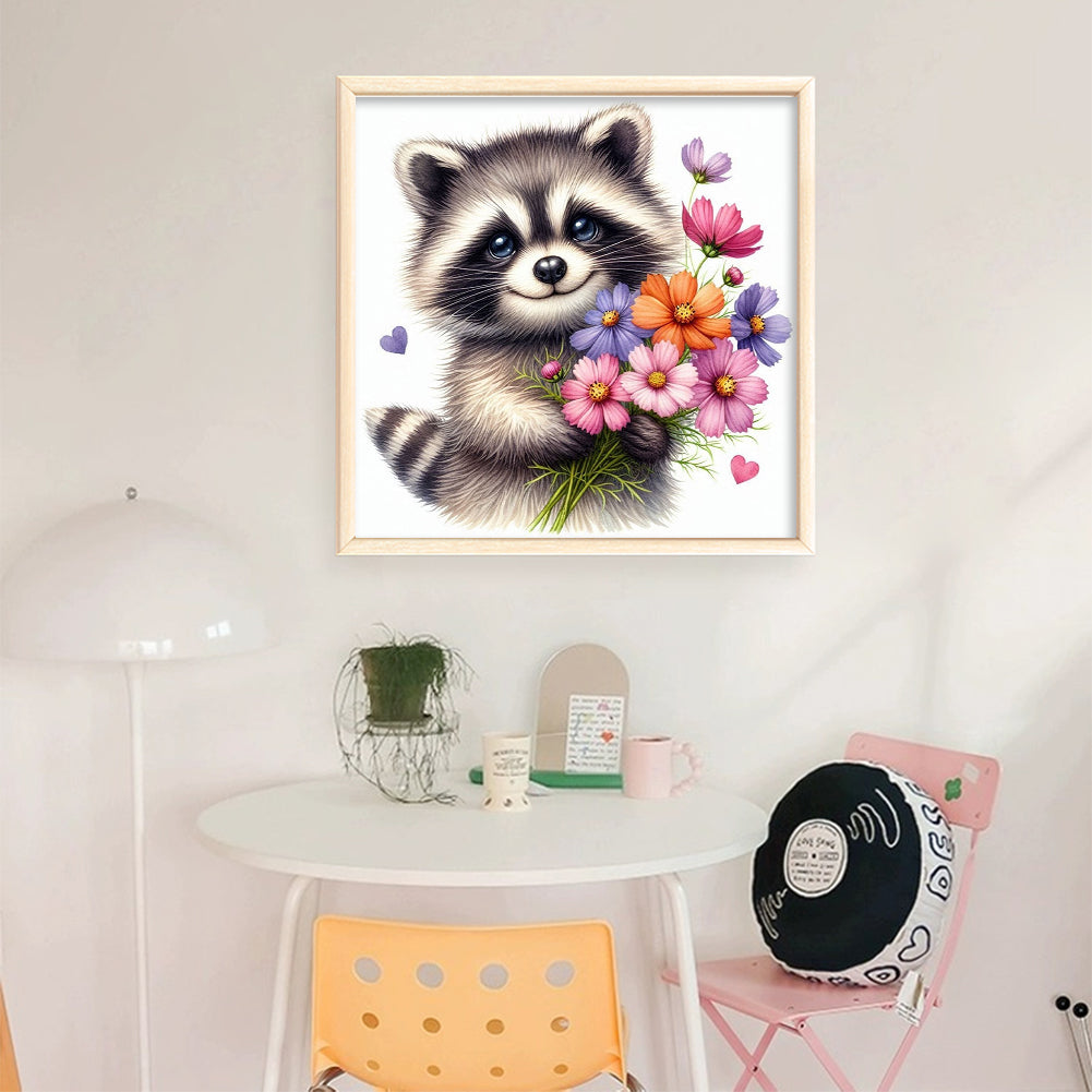 Raccoon - Partial 11CT Stamped Cross Stitch - Bead Embroidery 36x36CM/14.17x14.17in
