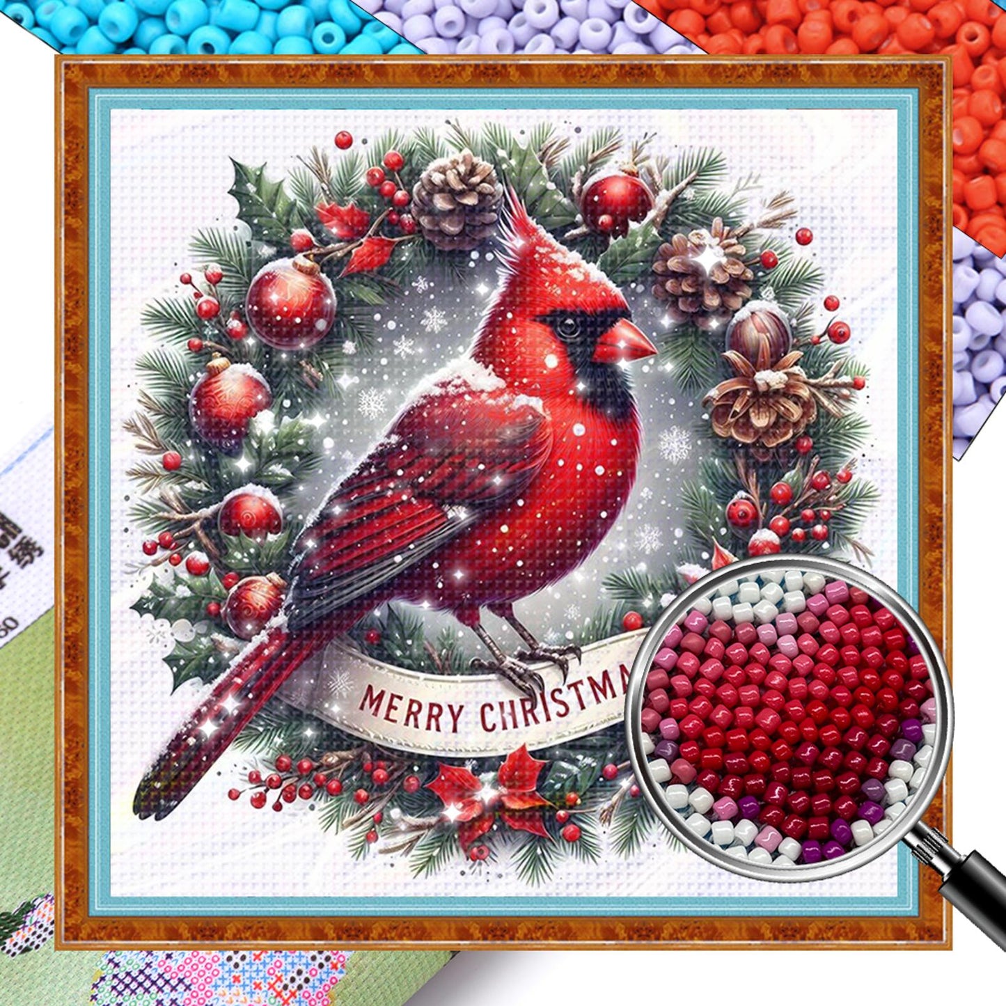 Cardinal - Partial 11CT Stamped Cross Stitch - Bead Embroidery 36x36CM/14.17x14.17in