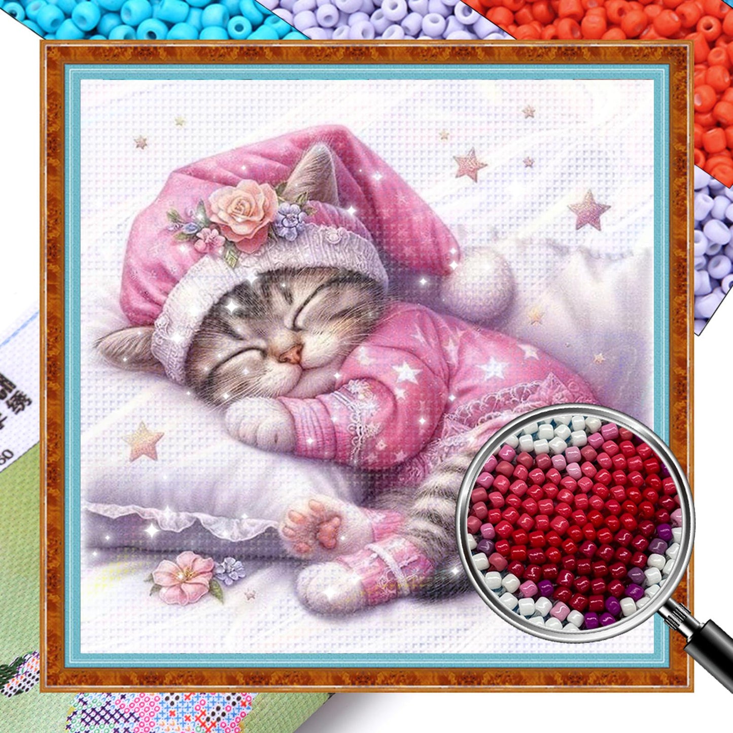 Cat - Partial 11CT Stamped Cross Stitch - Bead Embroidery 36x36CM/14.17x14.17in