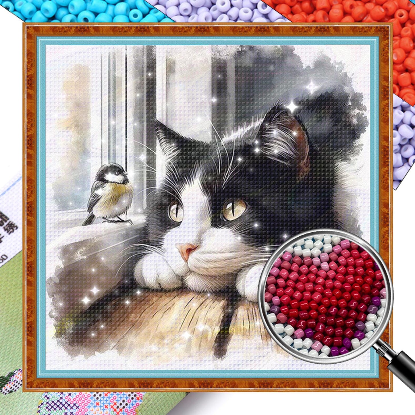 Cat and Bird - Partial 11CT Stamped Cross Stitch - Bead Embroidery 36x36CM/14.17x14.17in