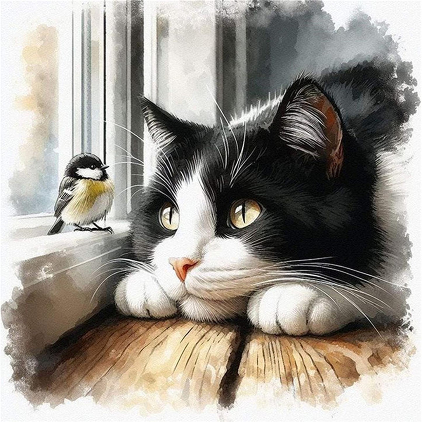 Cat and Bird - Partial 11CT Stamped Cross Stitch - Bead Embroidery 36x36CM/14.17x14.17in