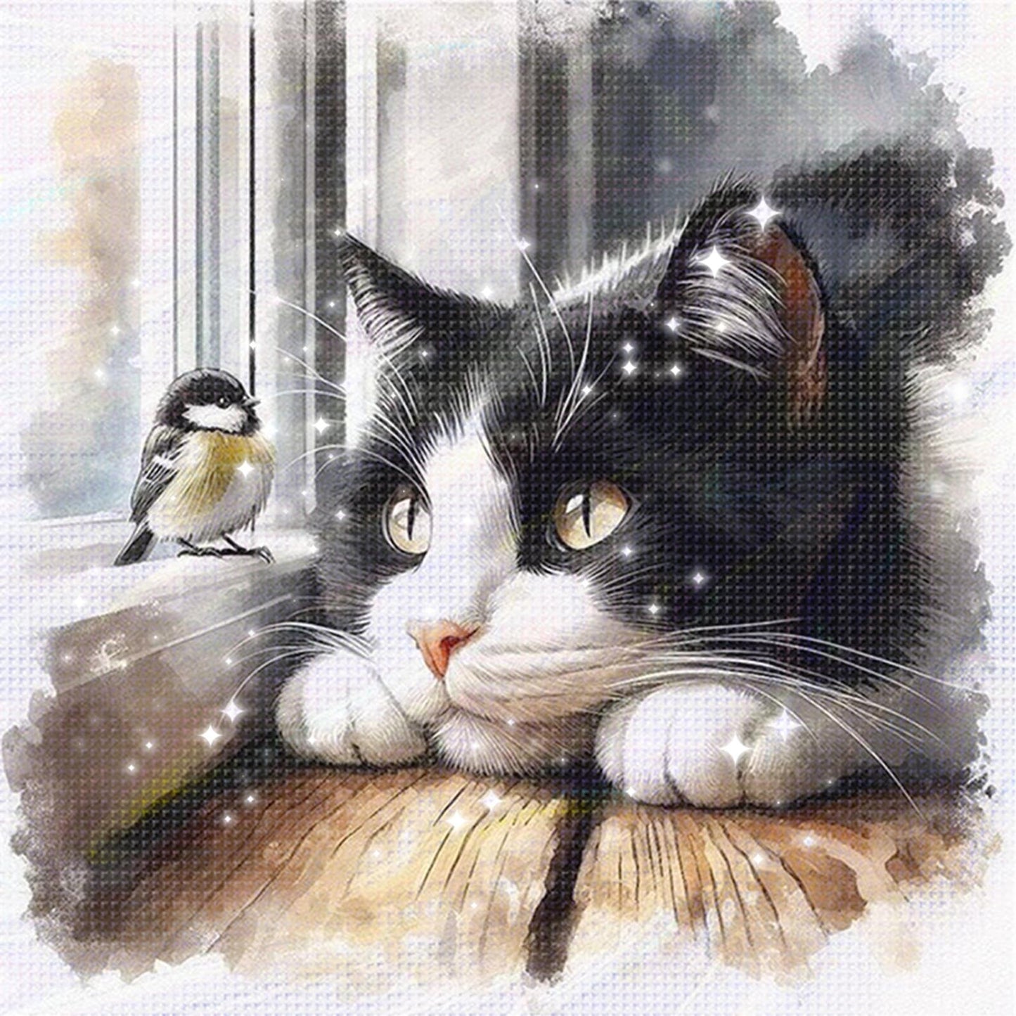 Cat and Bird - Partial 11CT Stamped Cross Stitch - Bead Embroidery 36x36CM/14.17x14.17in