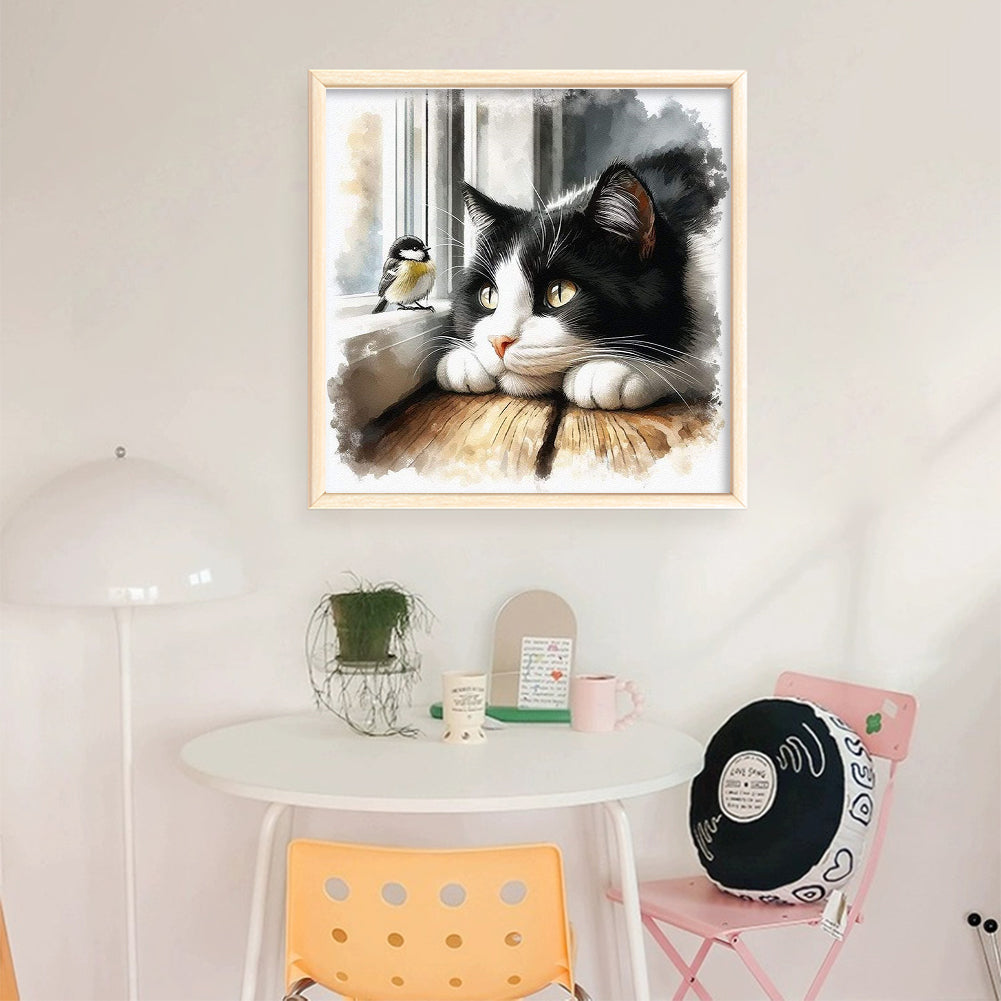 Cat and Bird - Partial 11CT Stamped Cross Stitch - Bead Embroidery 36x36CM/14.17x14.17in