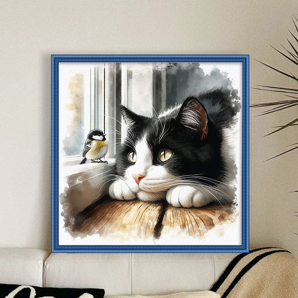 Cat and Bird - Partial 11CT Stamped Cross Stitch - Bead Embroidery 36x36CM/14.17x14.17in